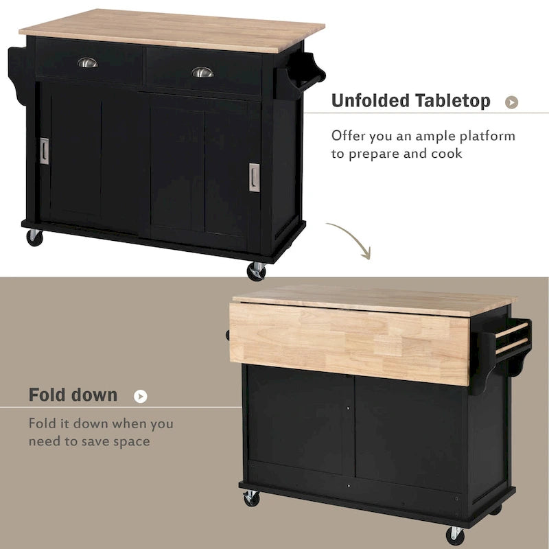 Kitchen Cart with Rubber Wood Drop-Leaf Countertop and Sliding Barn Door