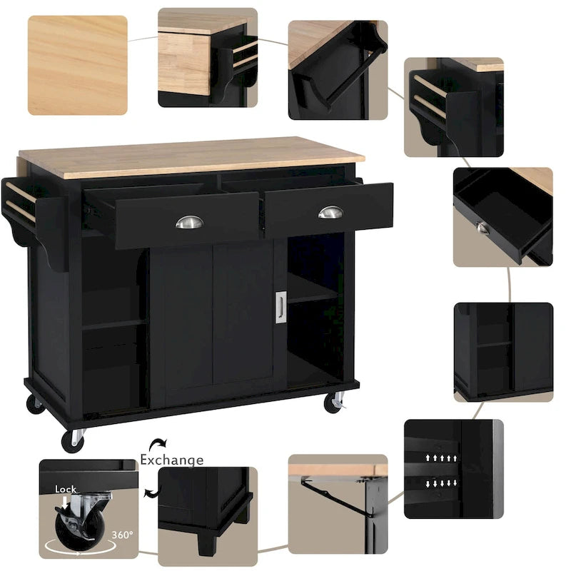 Kitchen Cart with Rubber Wood Drop-Leaf Countertop and Sliding Barn Door