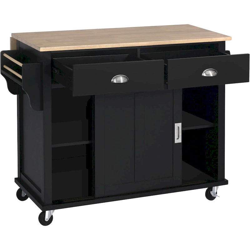 Kitchen Cart with Rubber Wood Drop-Leaf Countertop and Sliding Barn Door