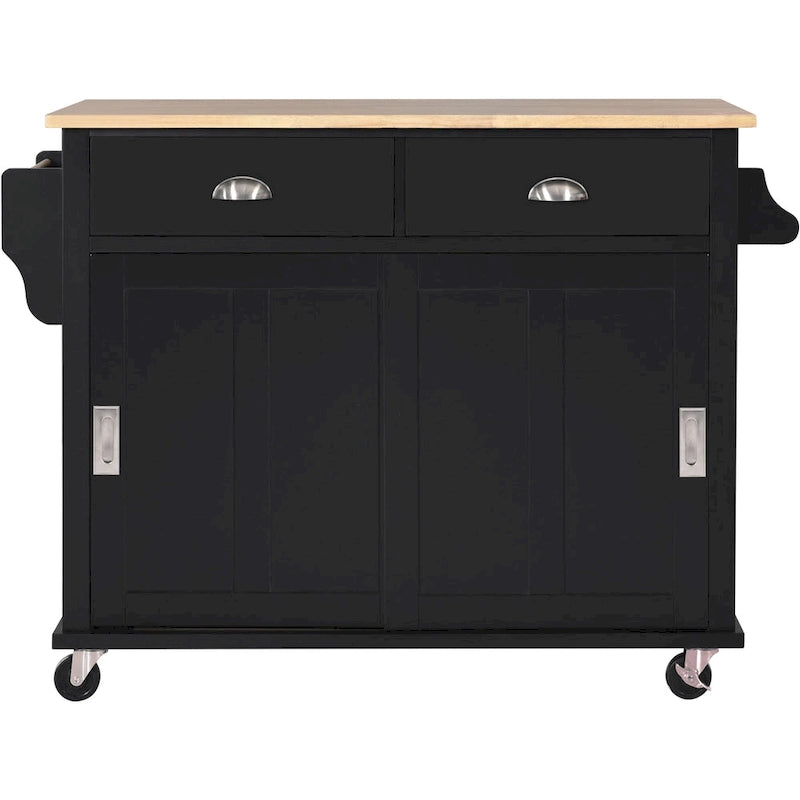 Kitchen Cart with Rubber Wood Drop-Leaf Countertop and Sliding Barn Door