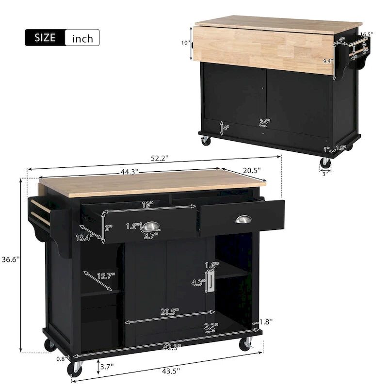 Kitchen Cart with Rubber Wood Drop-Leaf Countertop and Sliding Barn Door