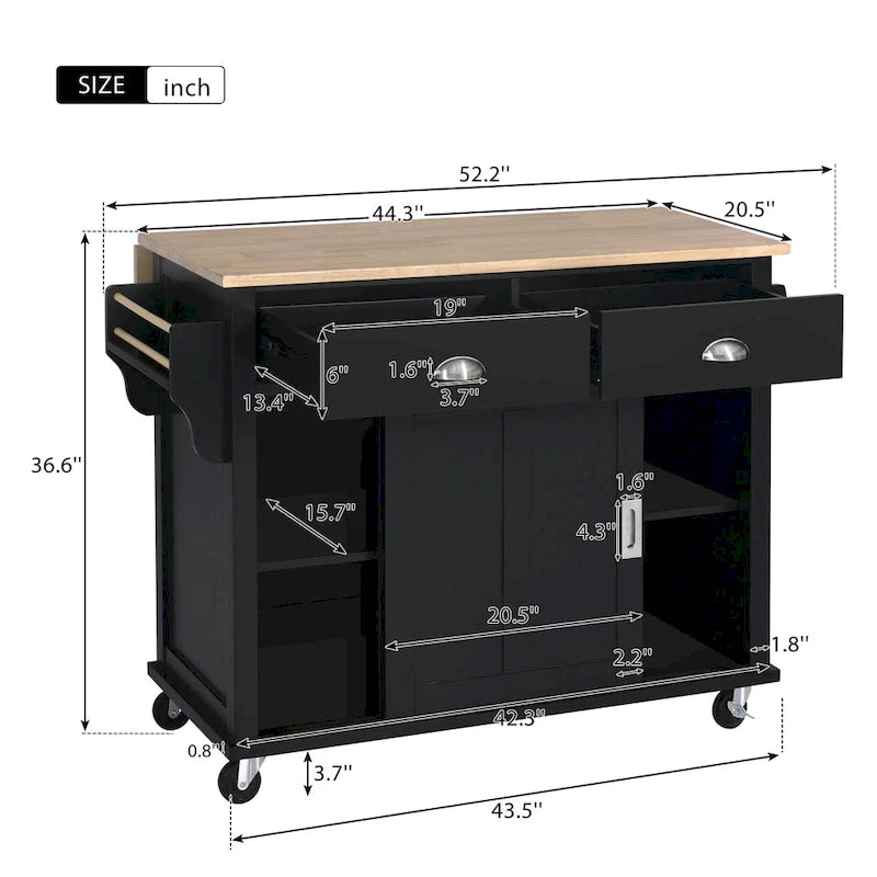 Kitchen Cart with Rubber Wood Drop-Leaf Countertop and Sliding Barn Door