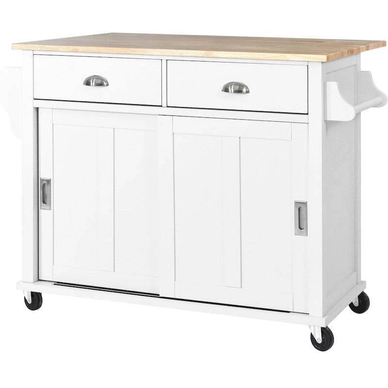 Kitchen Cart with Rubber Wood Drop-Leaf Countertop and Sliding Barn Door
