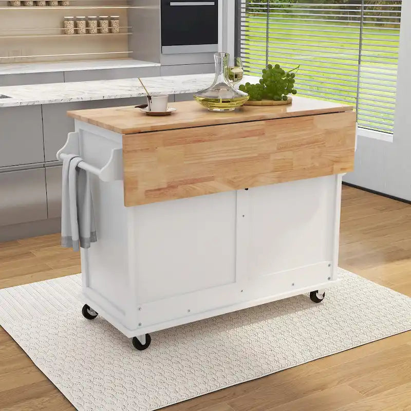 Kitchen Cart with Rubber Wood Drop-Leaf Countertop and Sliding Barn Door