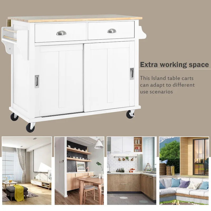 Kitchen Cart with Rubber Wood Drop-Leaf Countertop and Sliding Barn Door