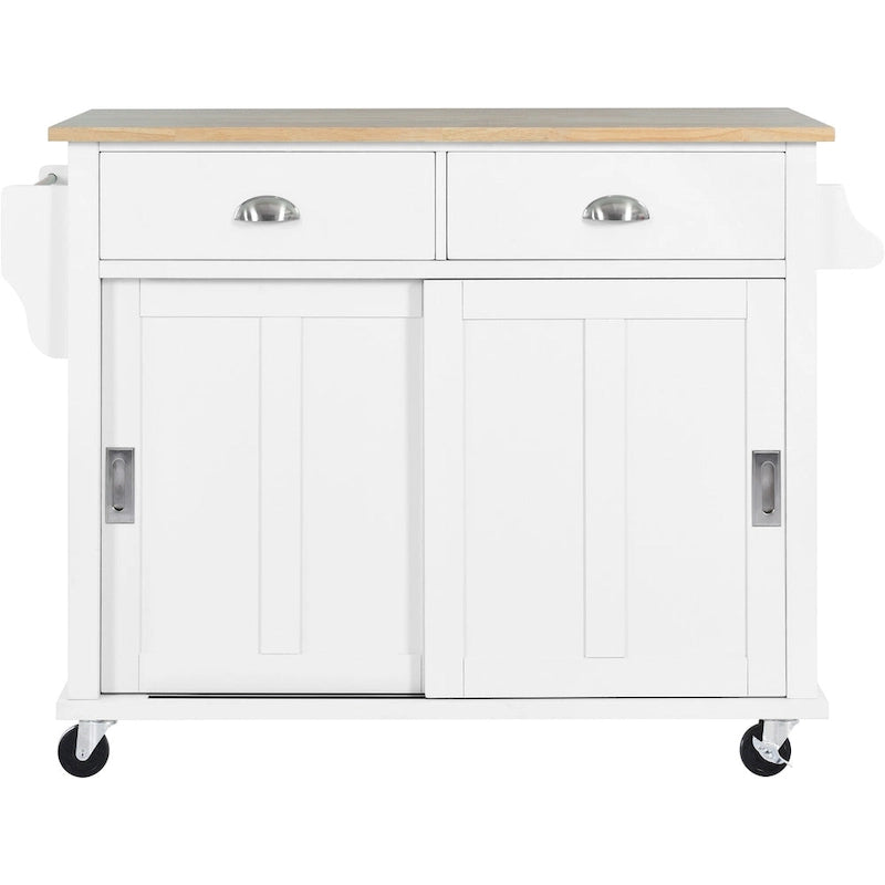 Kitchen Cart with Rubber Wood Drop-Leaf Countertop and Sliding Barn Door