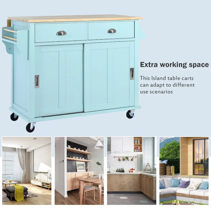 Kitchen Cart with Rubber Wood Drop-Leaf Countertop and Sliding Barn Door