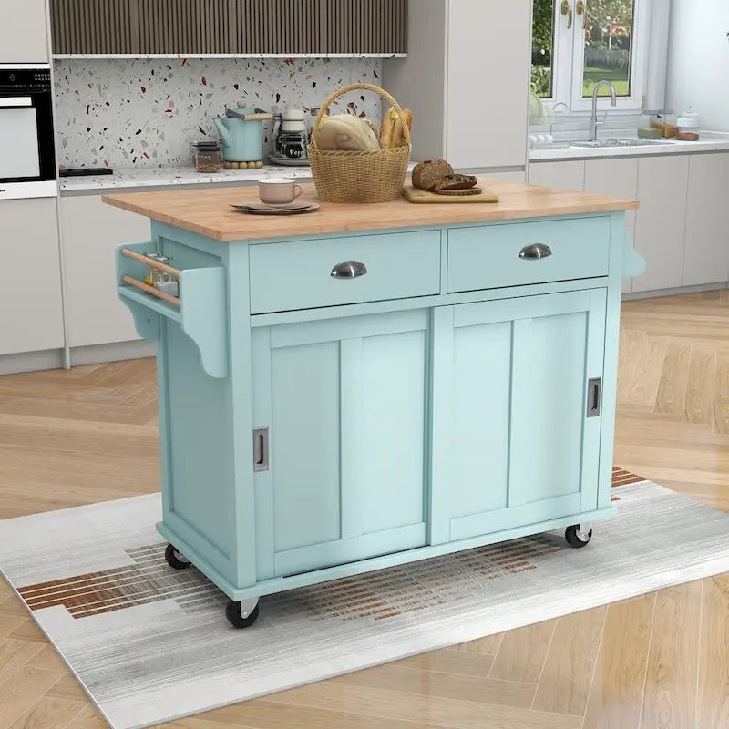 Kitchen Cart with Rubber Wood Drop-Leaf Countertop and Sliding Barn Door
