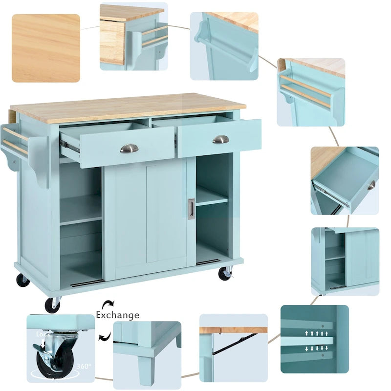 Kitchen Cart with Rubber Wood Drop-Leaf Countertop and Sliding Barn Door