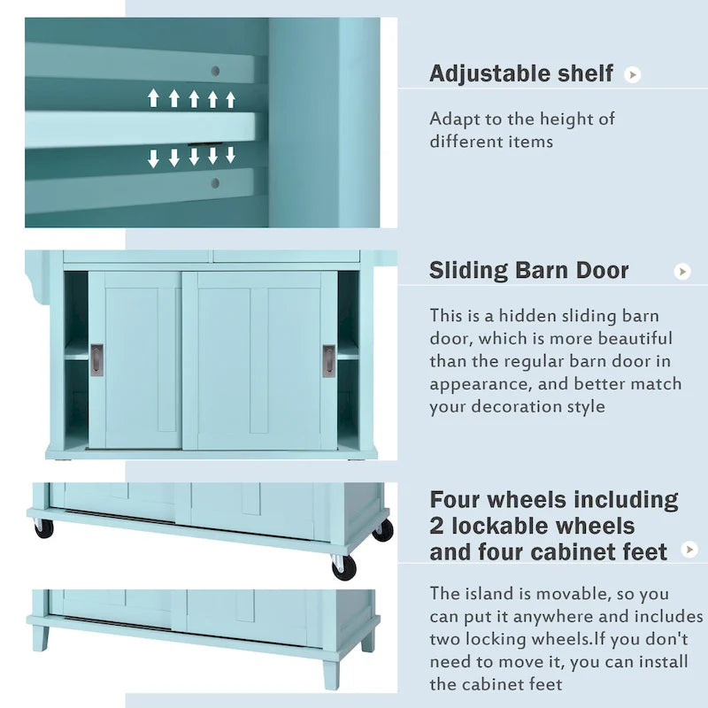 Kitchen Cart with Rubber Wood Drop-Leaf Countertop and Sliding Barn Door