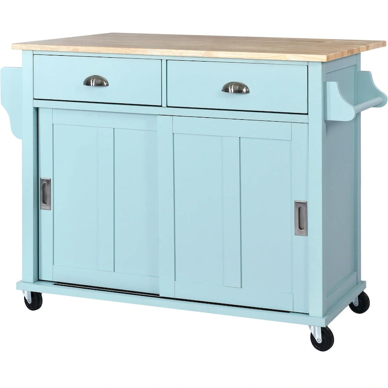Kitchen Cart with Rubber Wood Drop-Leaf Countertop and Sliding Barn Door
