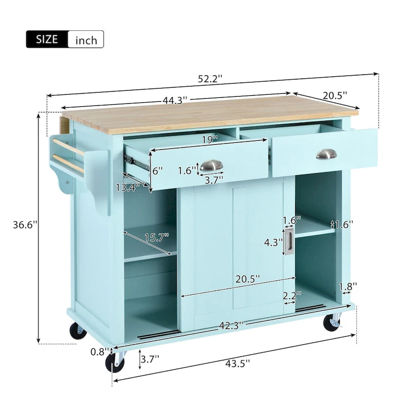Kitchen Cart with Rubber Wood Drop-Leaf Countertop and Sliding Barn Door