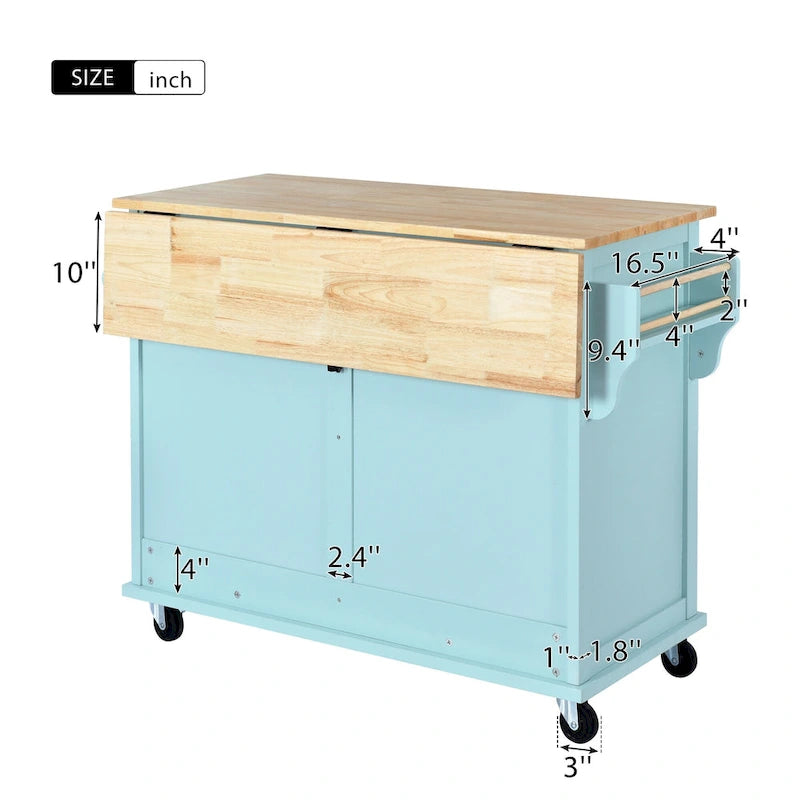 Kitchen Cart with Rubber Wood Drop-Leaf Countertop and Sliding Barn Door