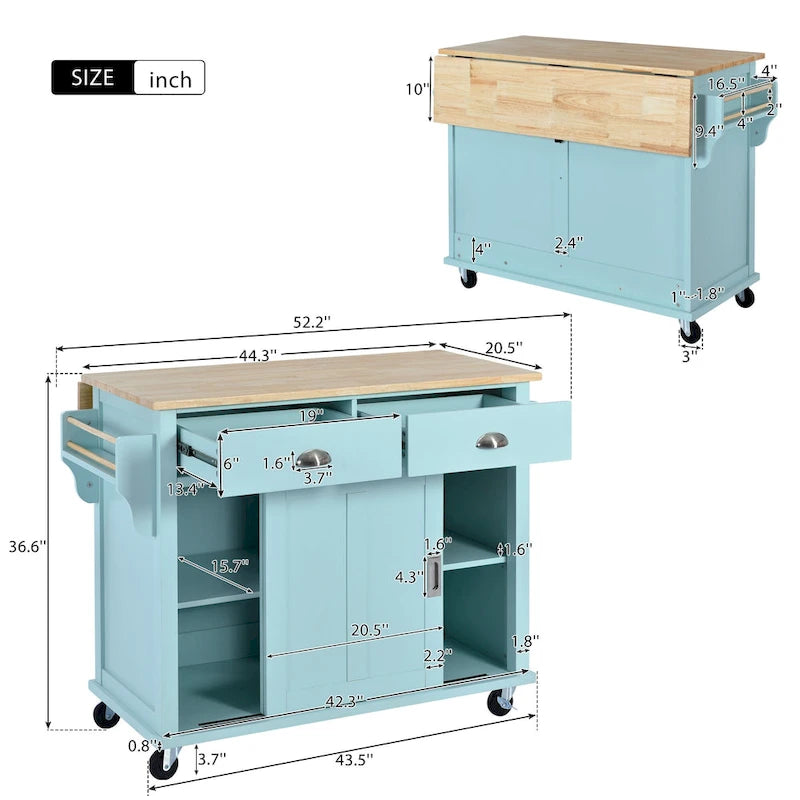 Kitchen Cart with Rubber Wood Drop-Leaf Countertop and Sliding Barn Door