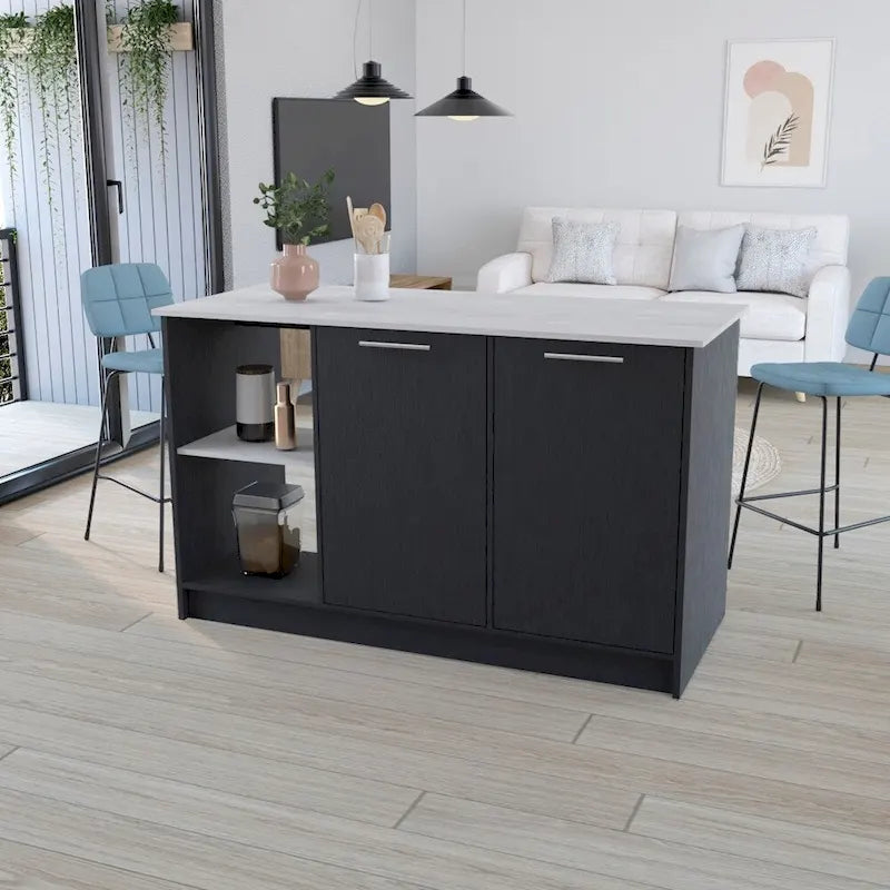 Kitchen Island with Open Shelves and Cabinet Storage