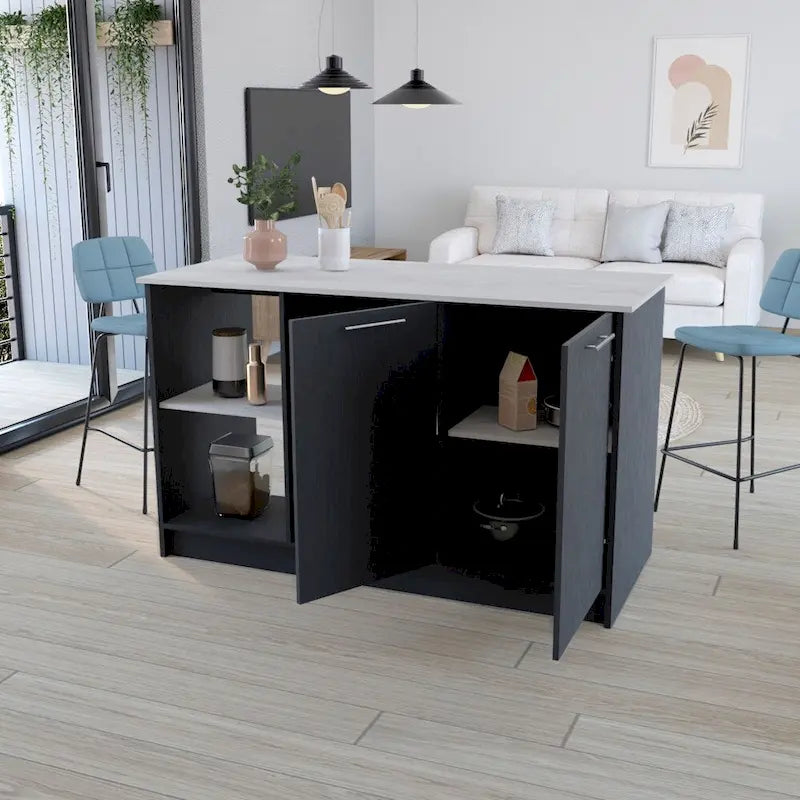Kitchen Island with Open Shelves and Cabinet Storage