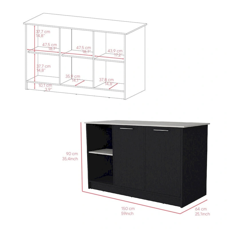 Kitchen Island with Open Shelves and Cabinet Storage