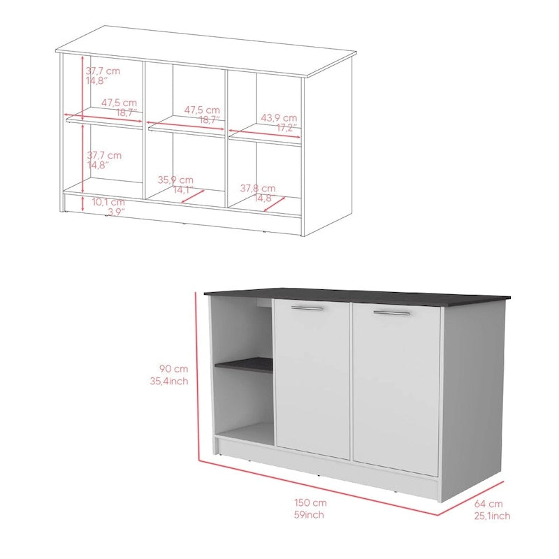 Kitchen Island with Open Shelves and Cabinet Storage