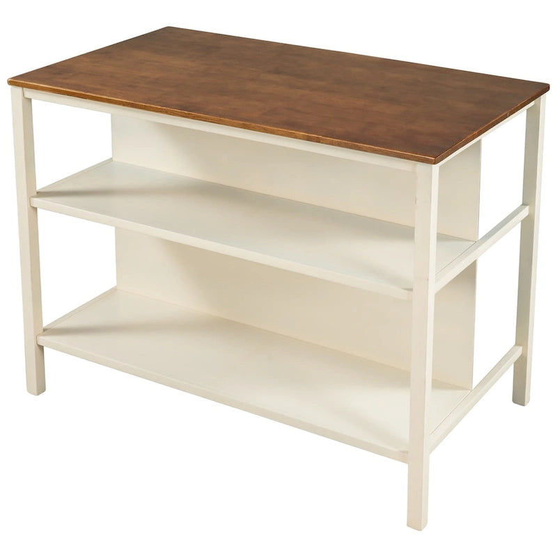 Rustic 45" Stationary Kitchen Island with Rubber Wood Butcher Block Top and 2 Open Shelves