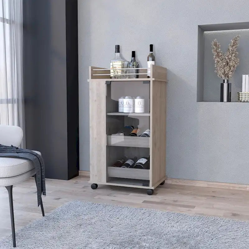 Glass Door Bar Cart with Bottle Holder and Casters, Light Gray