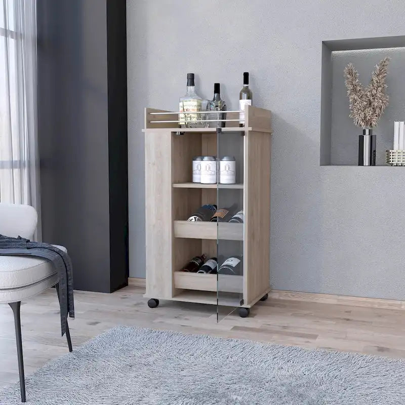 Glass Door Bar Cart with Bottle Holder and Casters, Light Gray