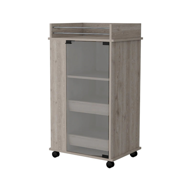 Glass Door Bar Cart with Bottle Holder and Casters, Light Gray