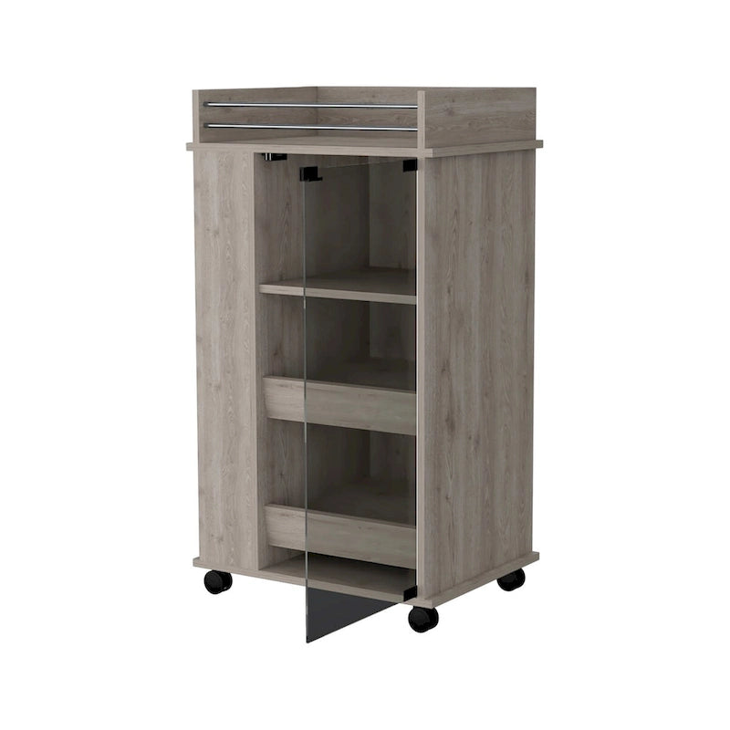 Glass Door Bar Cart with Bottle Holder and Casters, Light Gray