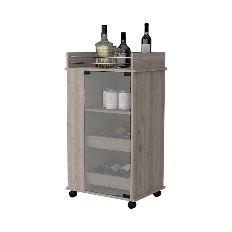 Glass Door Bar Cart with Bottle Holder and Casters, Light Gray