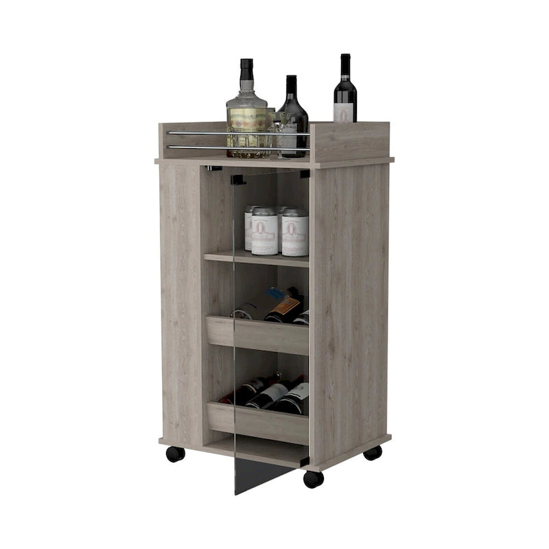 Glass Door Bar Cart with Bottle Holder and Casters, Light Gray