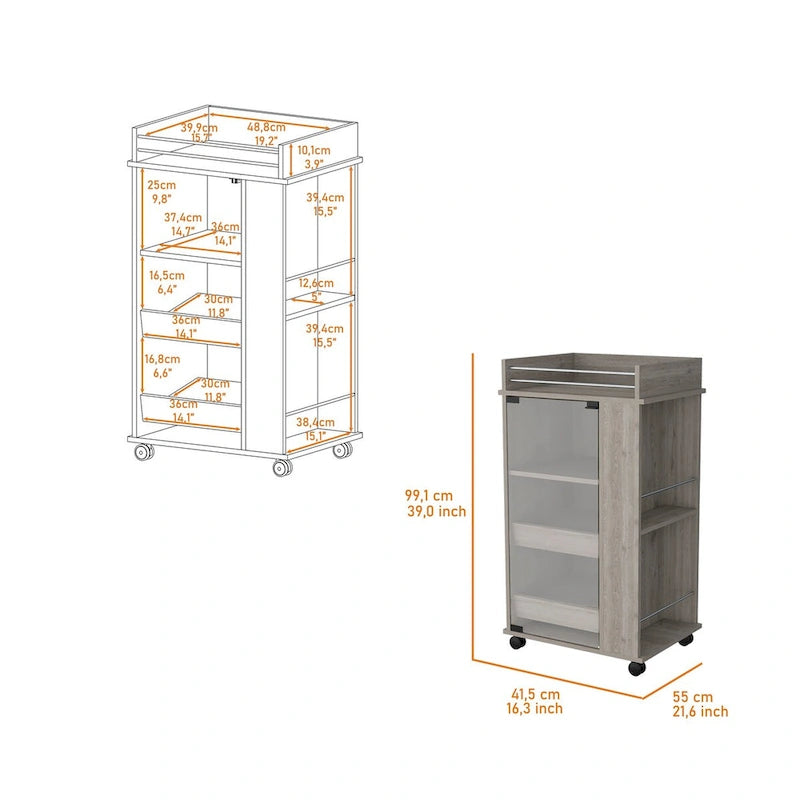 Glass Door Bar Cart with Bottle Holder and Casters, Light Gray