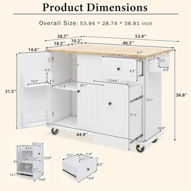 53.9" Rolling Kitchen Cart on Wheels with Drop Leaf