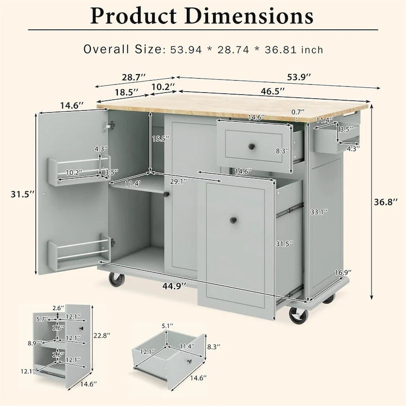 53.9" Rolling Kitchen Cart on Wheels with Drop Leaf