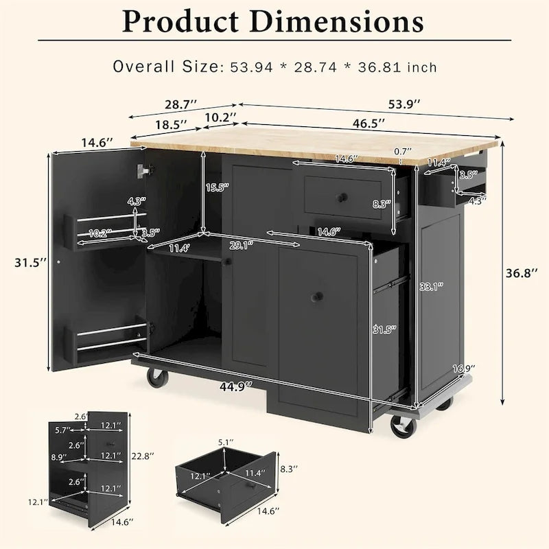 53.9" Rolling Kitchen Cart on Wheels with Drop Leaf