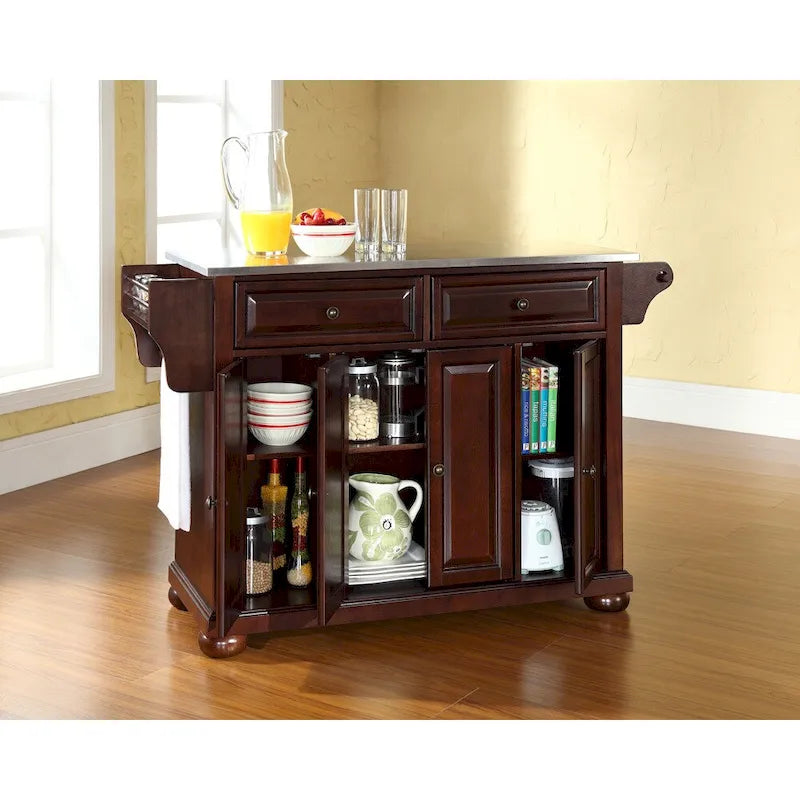 Stainless Steel Top Kitchen Island in Vintage Mahogany Finish - 18"D x 51.5"W x 34"H