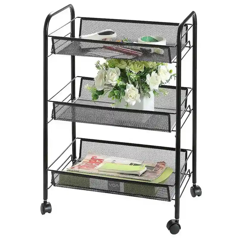 3-Tier Rolling Storage Cart with Wire Mesh Baskets