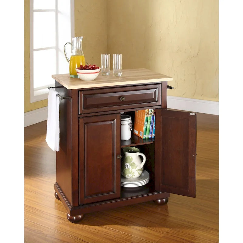 Natural Wood Top Portable Kitchen Island in Vintage Mahogany Finish - 18"D x 31"W x 33.5"H