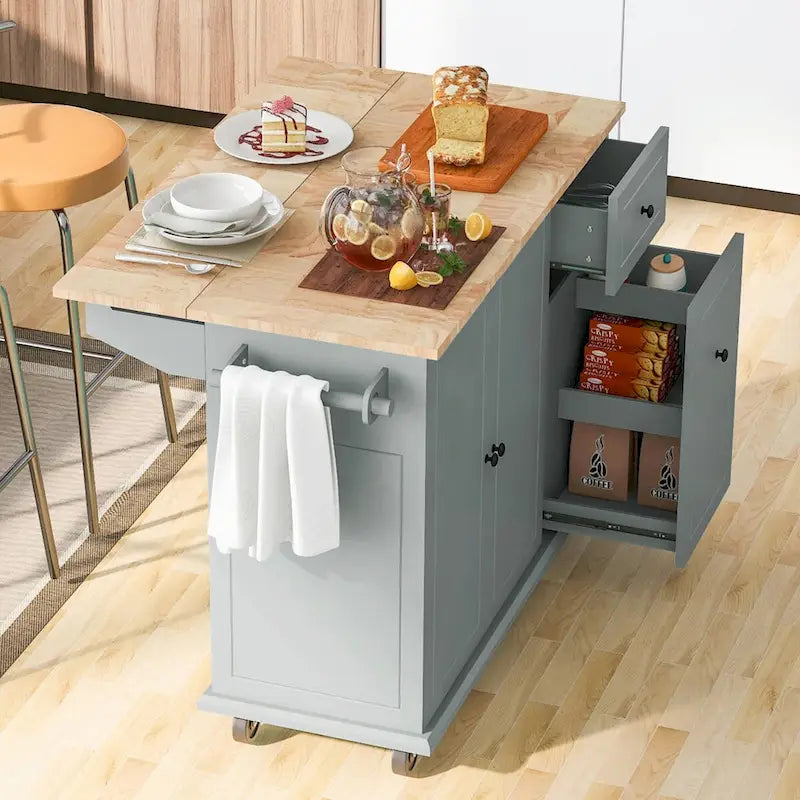 Rolling Kitchen Cart with Drop Leaf, Storage Rack, and 3-Tier Cabinet Organizer