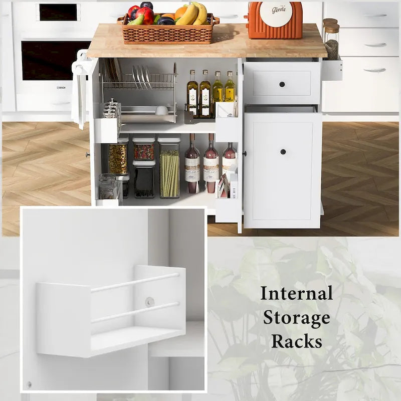 53.9" Rolling Kitchen Cart on Wheels with Internal Storage Rack and 3-Tier Pull-Out Cabinet Organizer