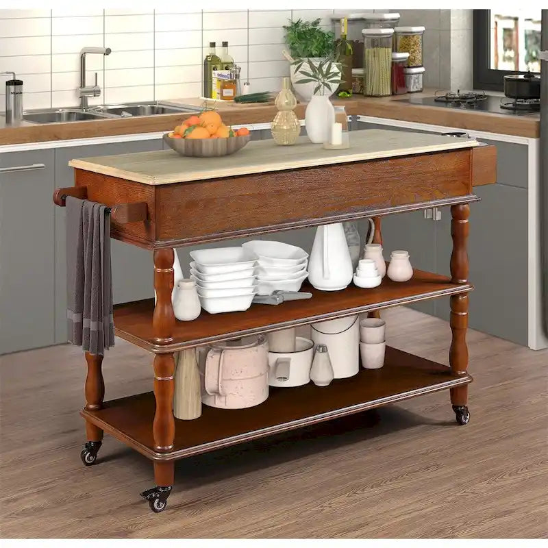 Rolling Oak Wood Top Kitchen Cart with Wine Rack and 2 Drawers