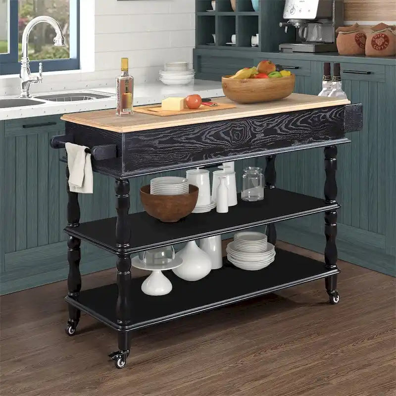 Rolling Oak Wood Top Kitchen Cart with Wine Rack and 2 Drawers