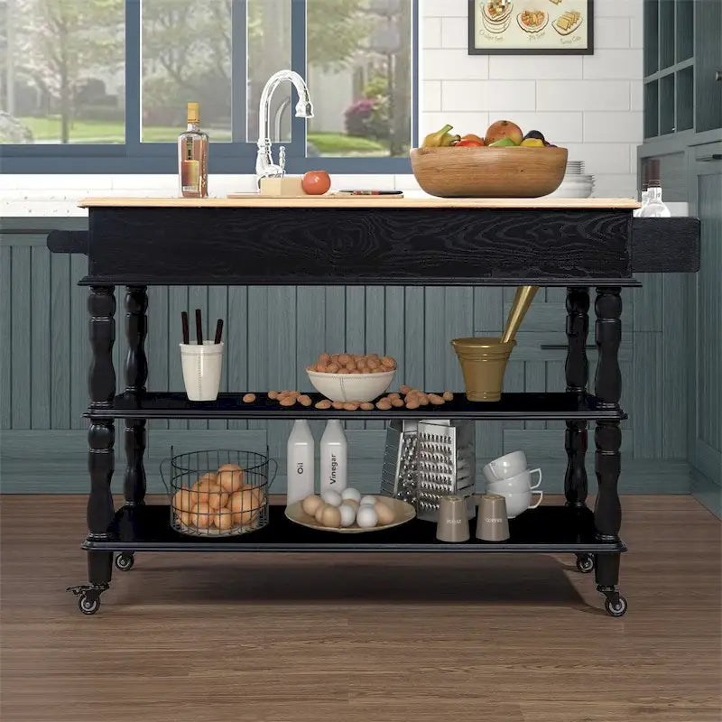 Rolling Oak Wood Top Kitchen Cart with Wine Rack and 2 Drawers