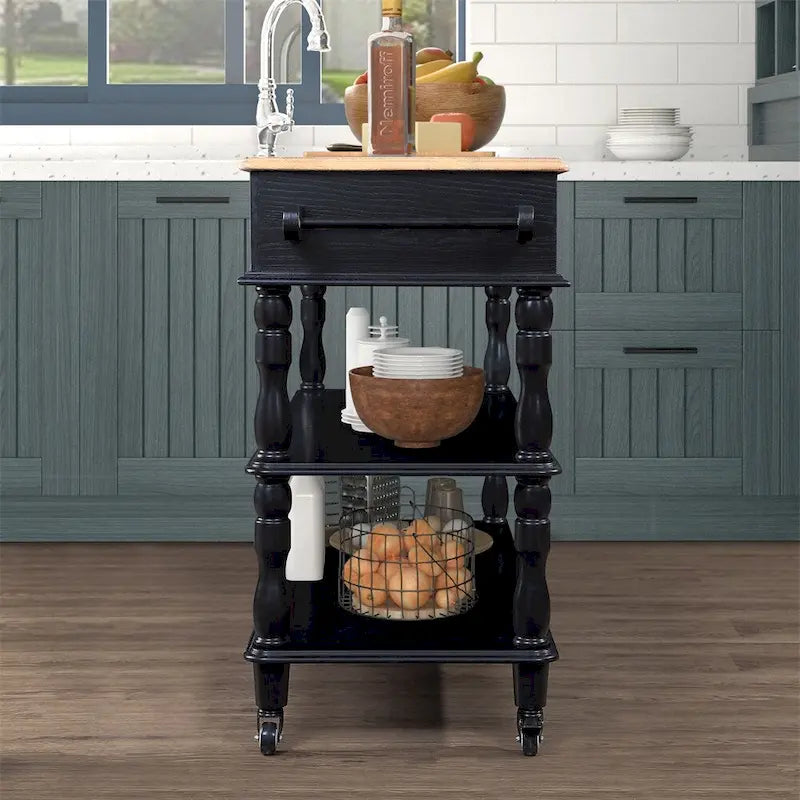 Rolling Oak Wood Top Kitchen Cart with Wine Rack and 2 Drawers
