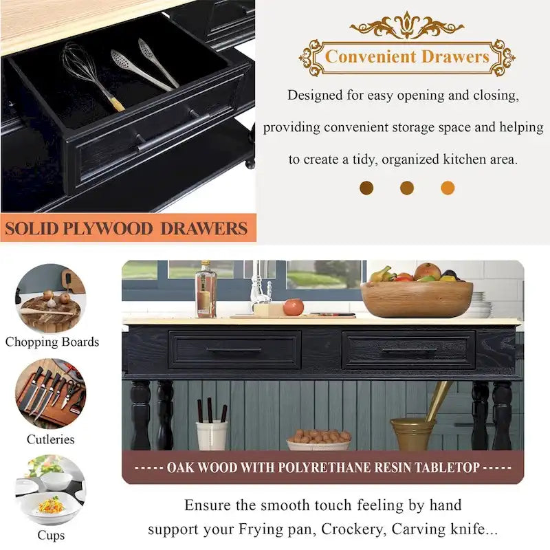 Rolling Oak Wood Top Kitchen Cart with Wine Rack and 2 Drawers