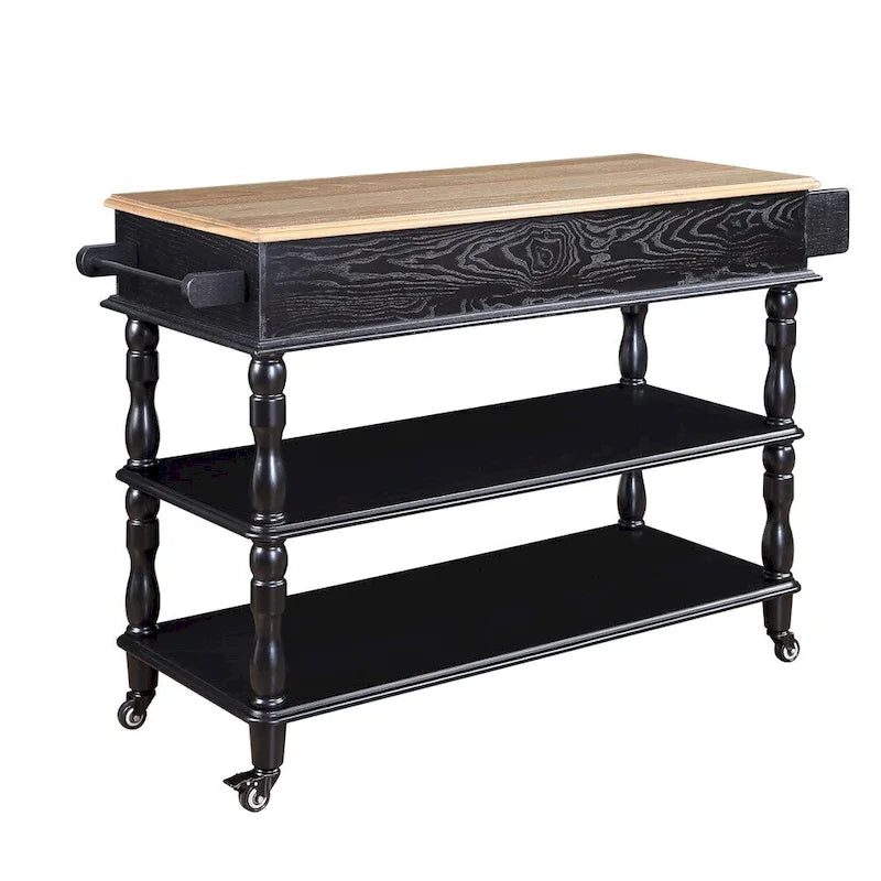 Rolling Oak Wood Top Kitchen Cart with Wine Rack and 2 Drawers
