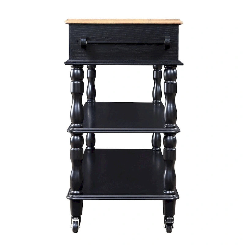Rolling Oak Wood Top Kitchen Cart with Wine Rack and 2 Drawers