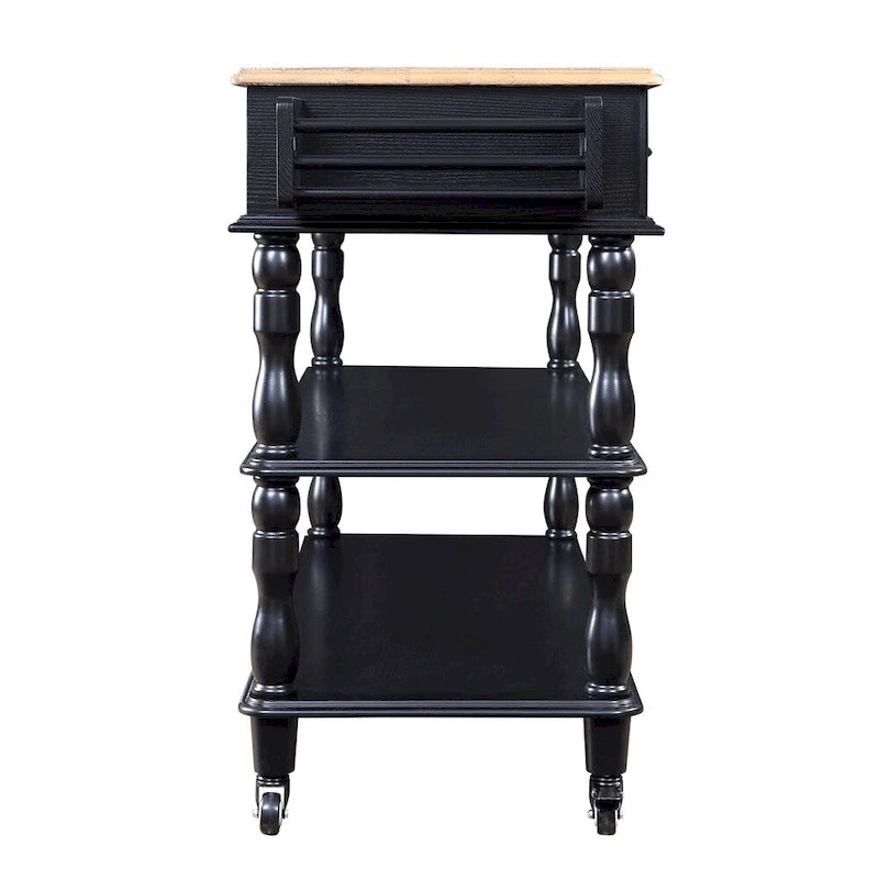 Rolling Oak Wood Top Kitchen Cart with Wine Rack and 2 Drawers