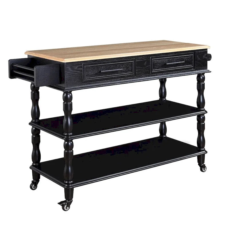 Rolling Oak Wood Top Kitchen Cart with Wine Rack and 2 Drawers