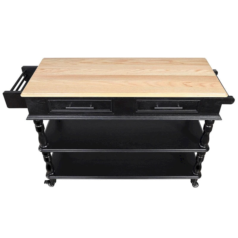 Rolling Oak Wood Top Kitchen Cart with Wine Rack and 2 Drawers