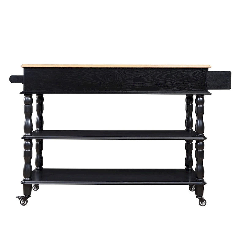 Rolling Oak Wood Top Kitchen Cart with Wine Rack and 2 Drawers