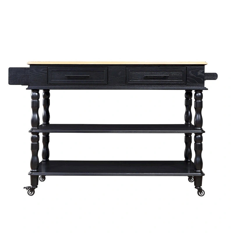 Rolling Oak Wood Top Kitchen Cart with Wine Rack and 2 Drawers